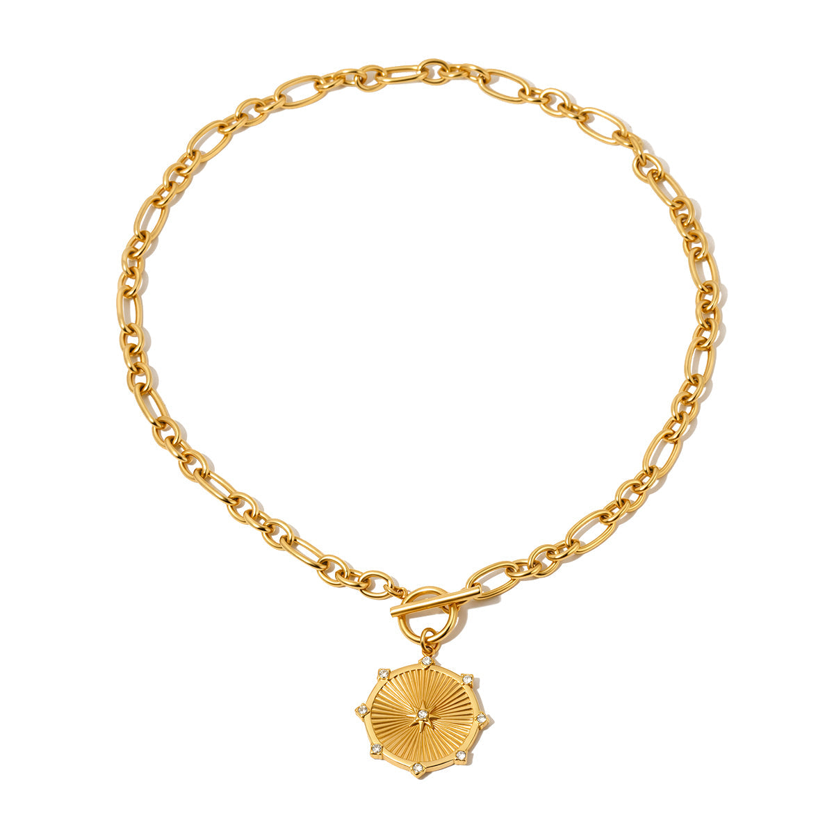 Gold-tone link chain necklace with sunburst pendant and clasp