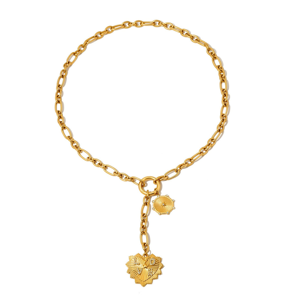 Gold-tone curb chain necklace with round center charm and sunburst heart pendant