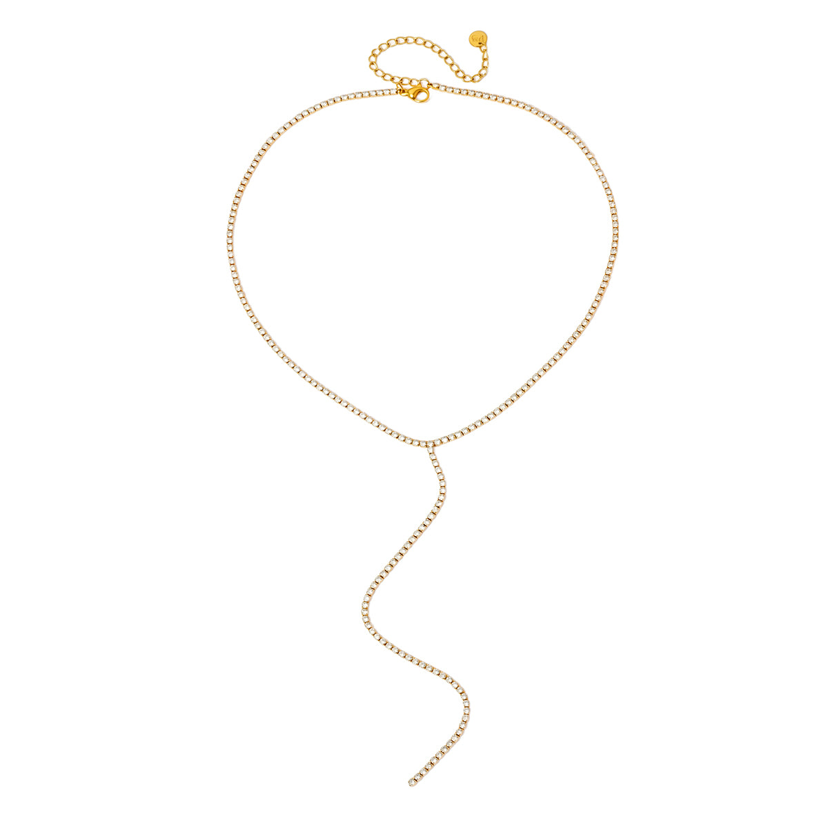 Gold-tone tennis lariat necklace with loop clasp and long wavy Y drop
