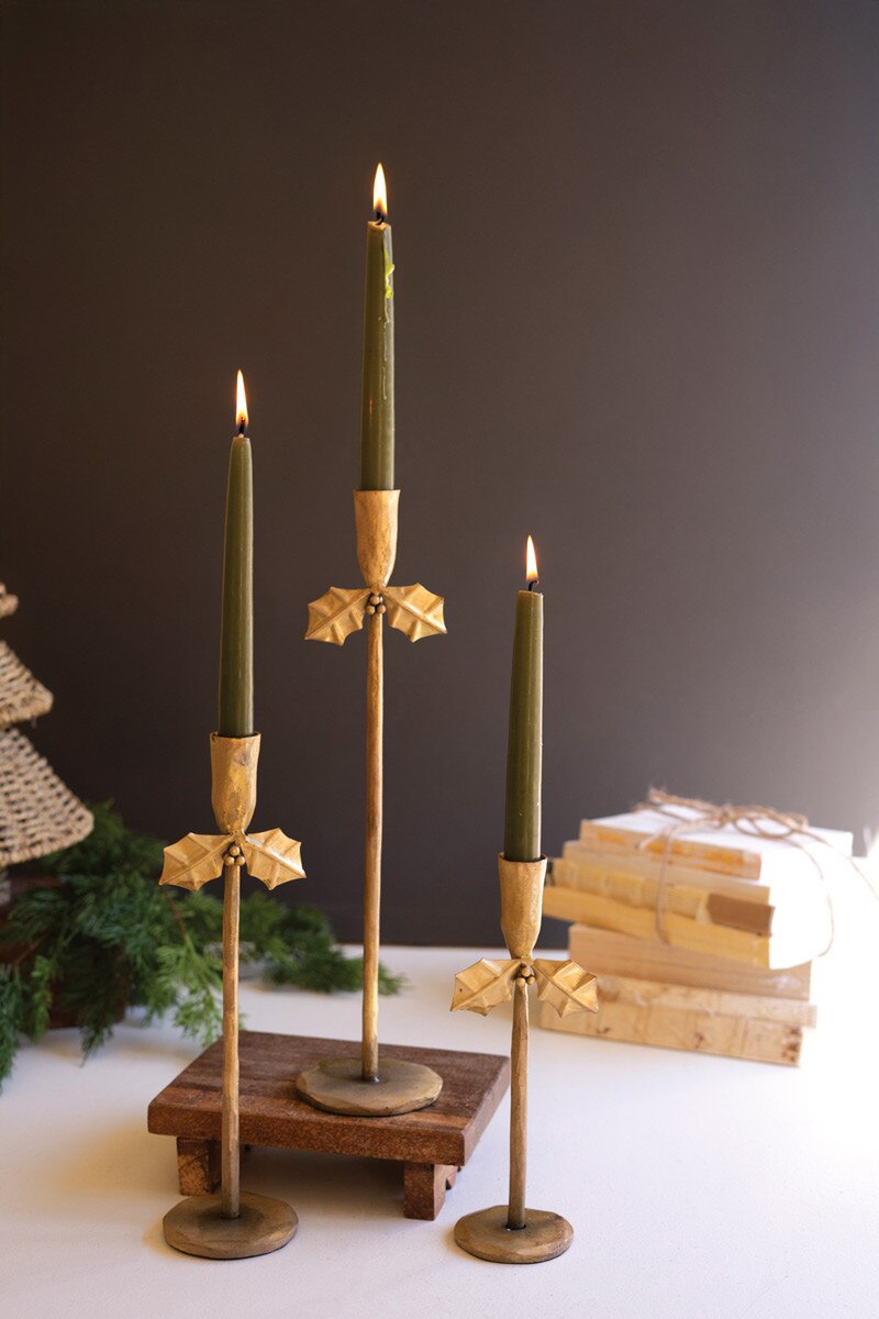 Antique gold forged iron taper candle holder with star/holly finial, three-piece set