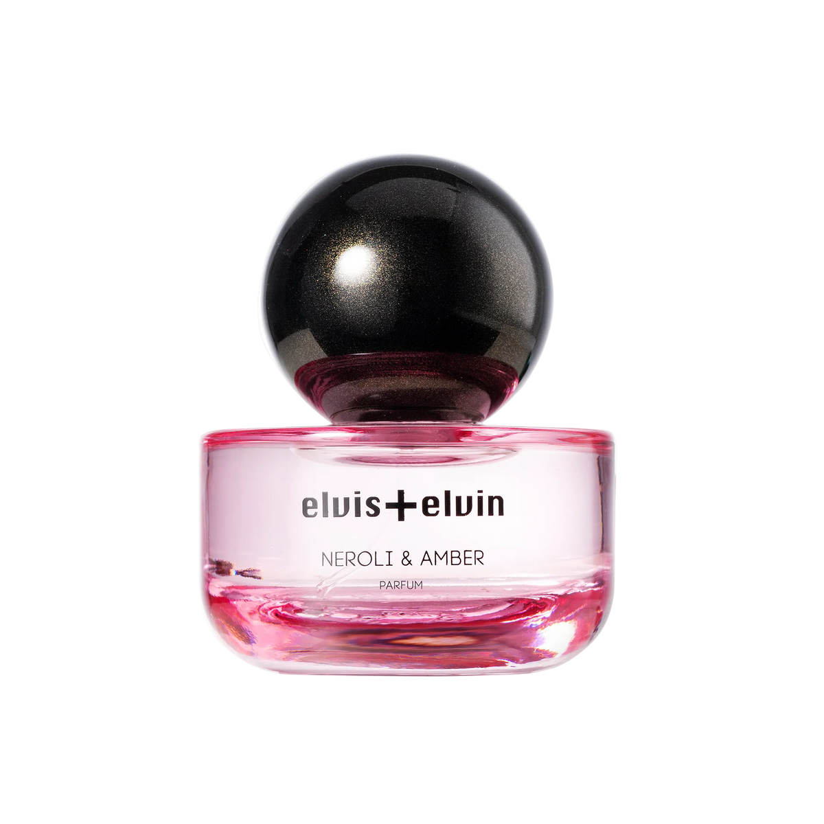 Glass neroli & amber parfum bottle with pink liquid and black dome cap