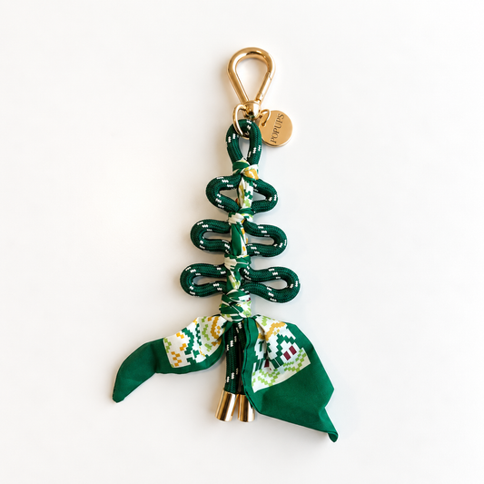 Green patterned scarf keychain tree with gold clasp and hanging loops