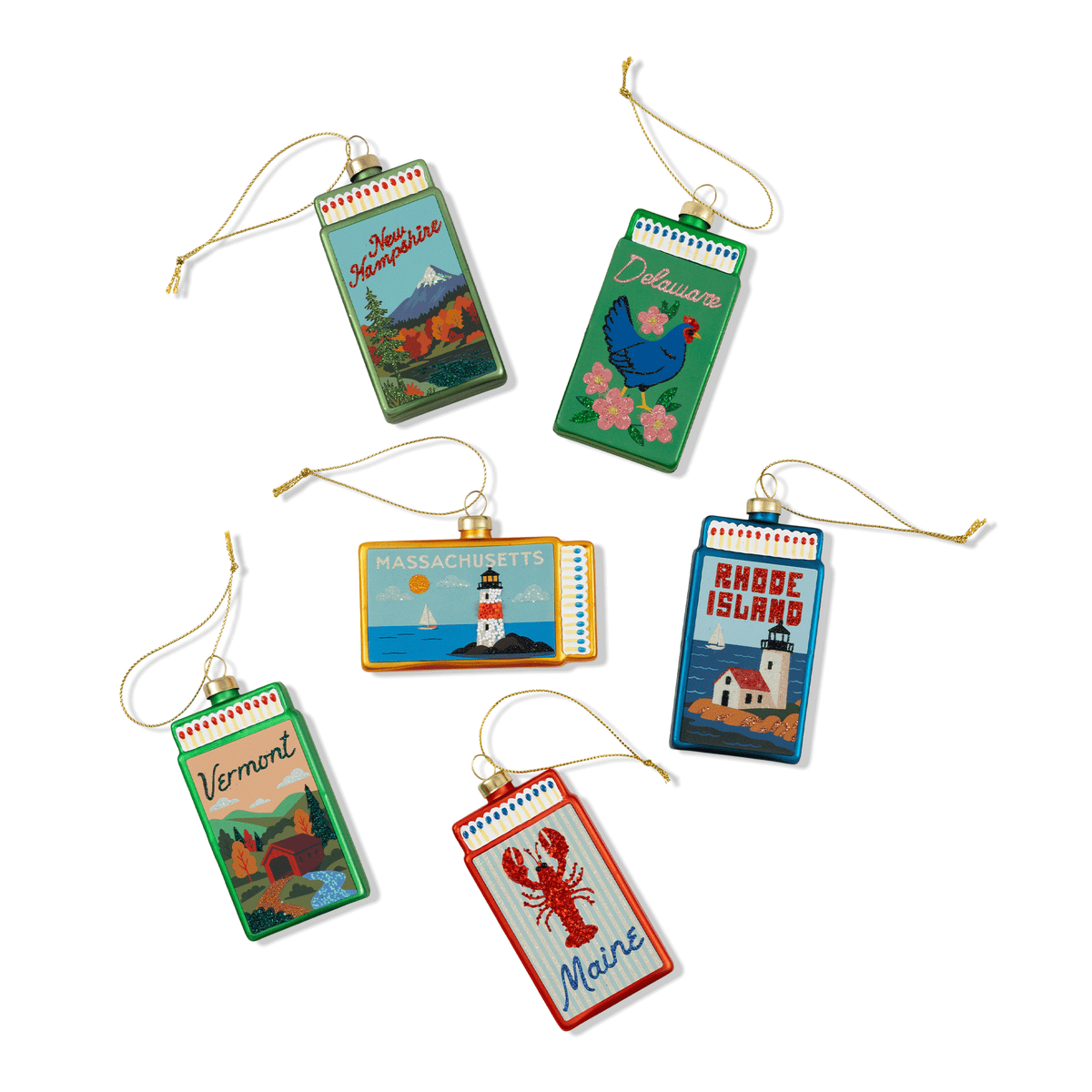 Set of matchbook ornaments with colorful state scenes and printed place names