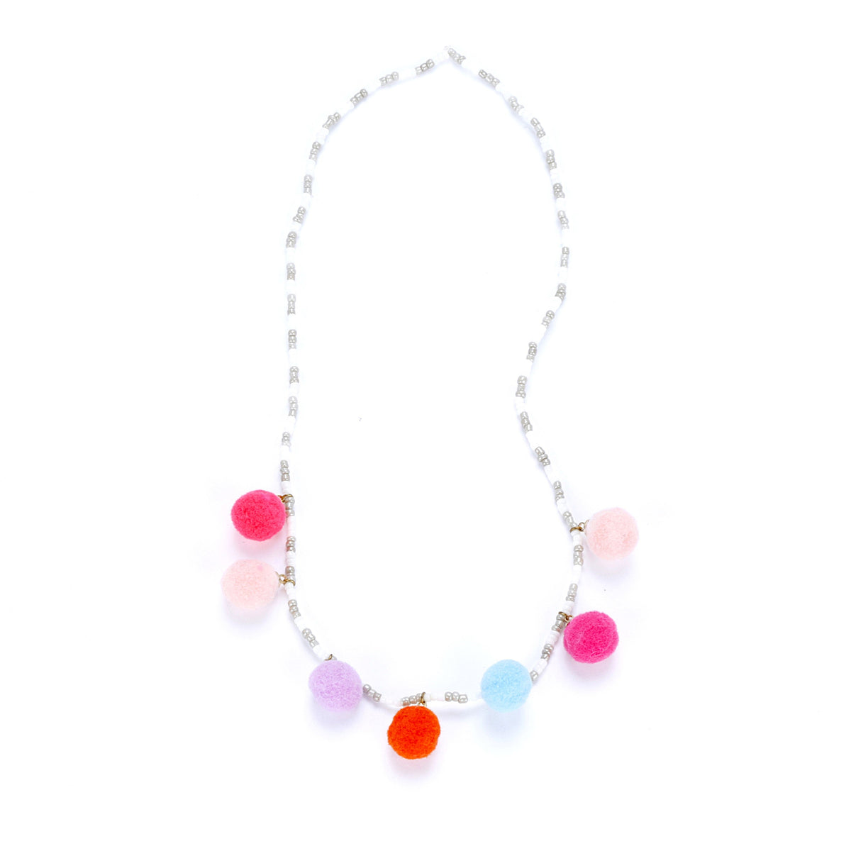 Girls' beaded necklace with colorful pompom charms and silver-tone beads
