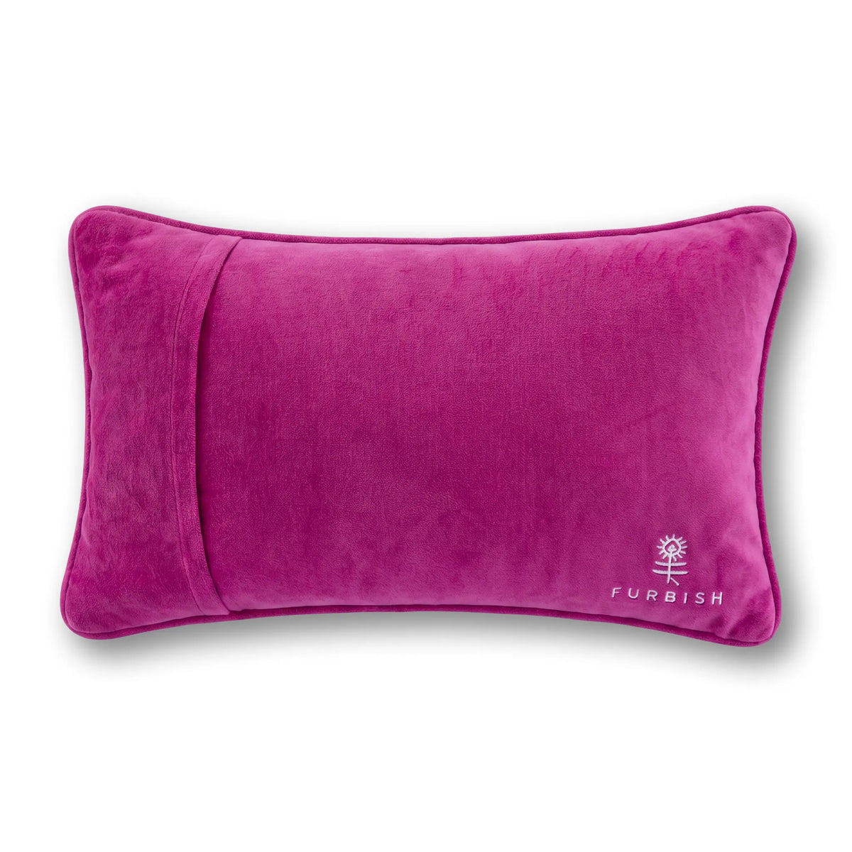 Solid purple velvet lumbar pillow with side seams and FURBISH logo