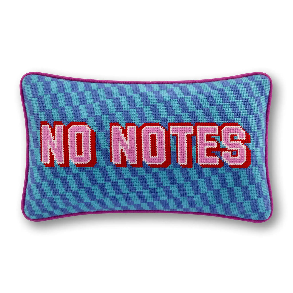 Needlepoint lumbar pillow with blue knit pattern and red/white “NO NOTES” text