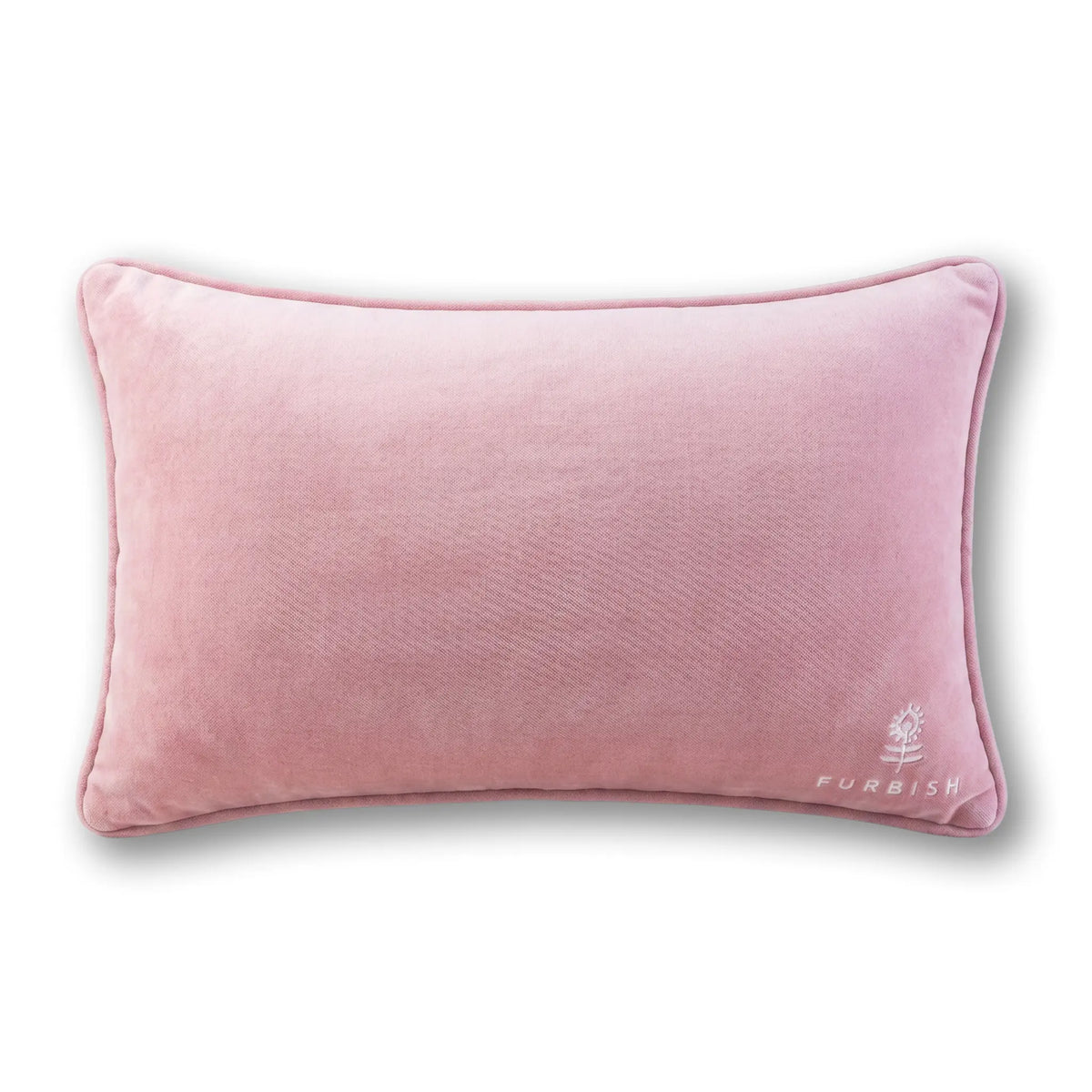 Pink lumbar pillow with smooth fabric and small embroidered logo near bottom right