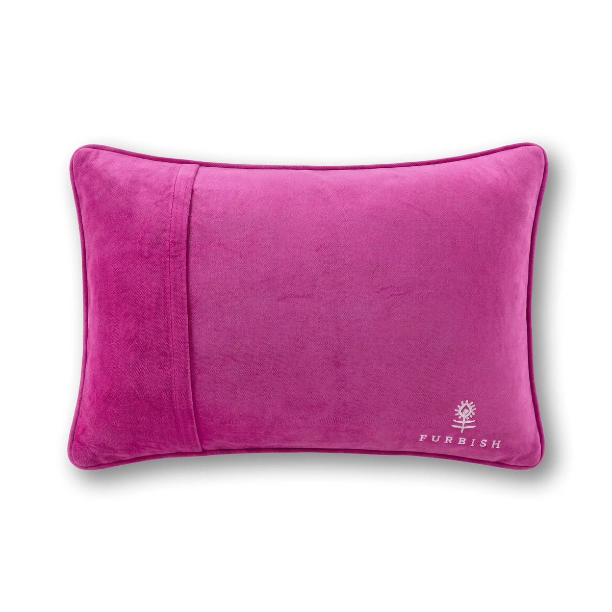 Purple velvet rectangular lumbar pillow with stitched edge and Purfish logo