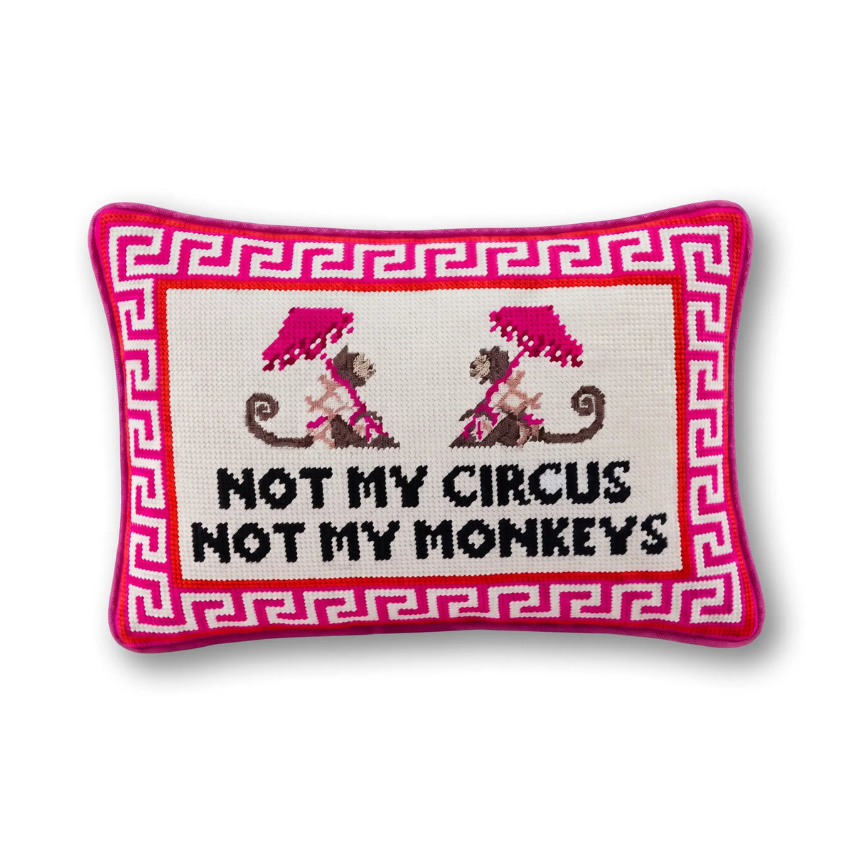 Needlepoint throw pillow with Greek key border and text "Not my circus, not my monkeys"