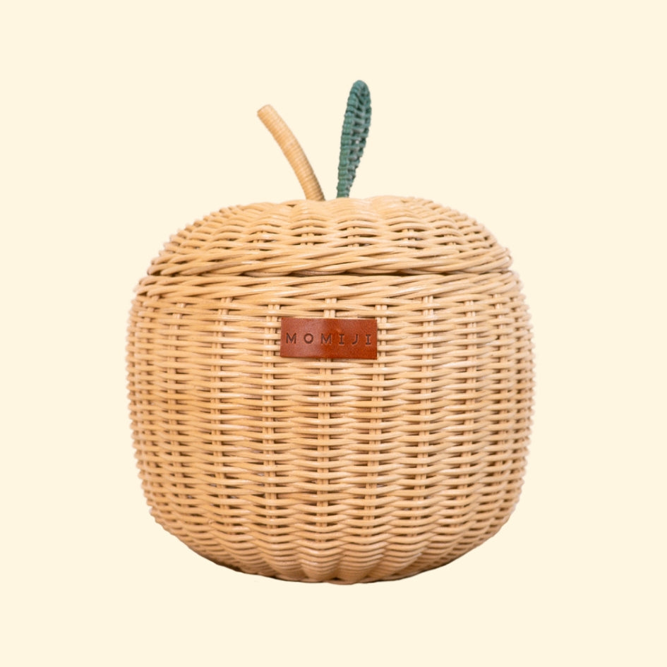 Small natural rattan apple basket with rounded woven lid and teal leaf detail