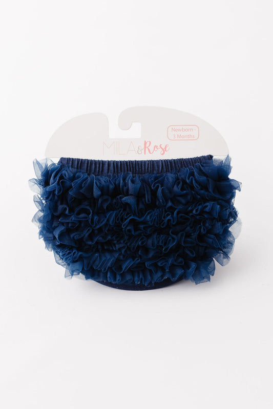 Navy blue ruffle bum bloomer with elastic waistband and tiered ruffled legs