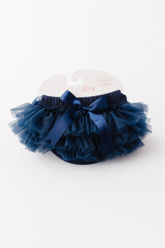 Navy blue ruffle tutu bloomer with elastic waistband and layered tulle skirt