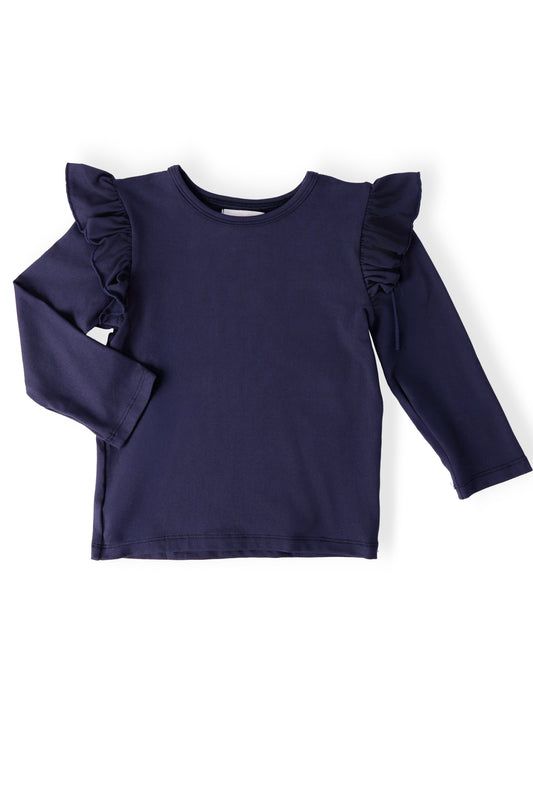 Navy long-sleeve ruffle shoulder tee, crew neck, long sleeves
