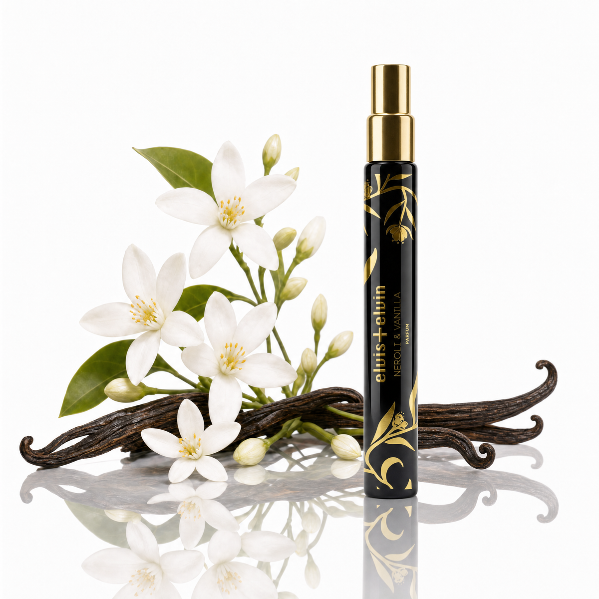 Neroli & Vanilla parfum roller bottle beside white flowers and vanilla pods, elvis+elvin
