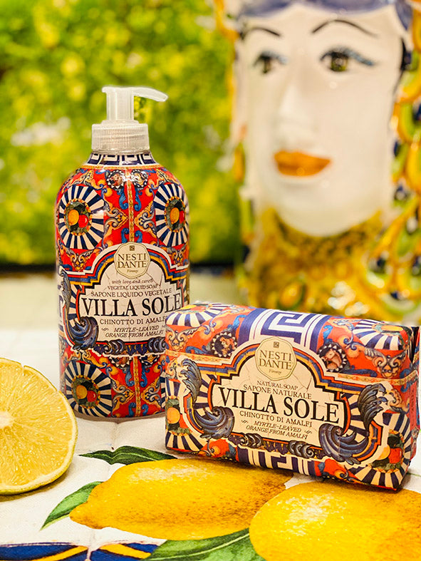 Nesti Dante Villa Sole liquid soap bottle with pump beside bar soap, citrus graphics