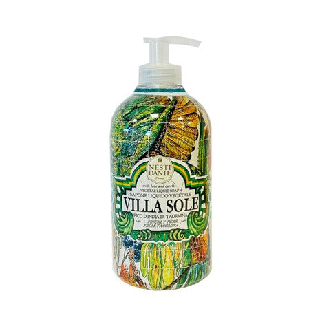 Liquid soap bottle with green illustrated label and pump dispenser