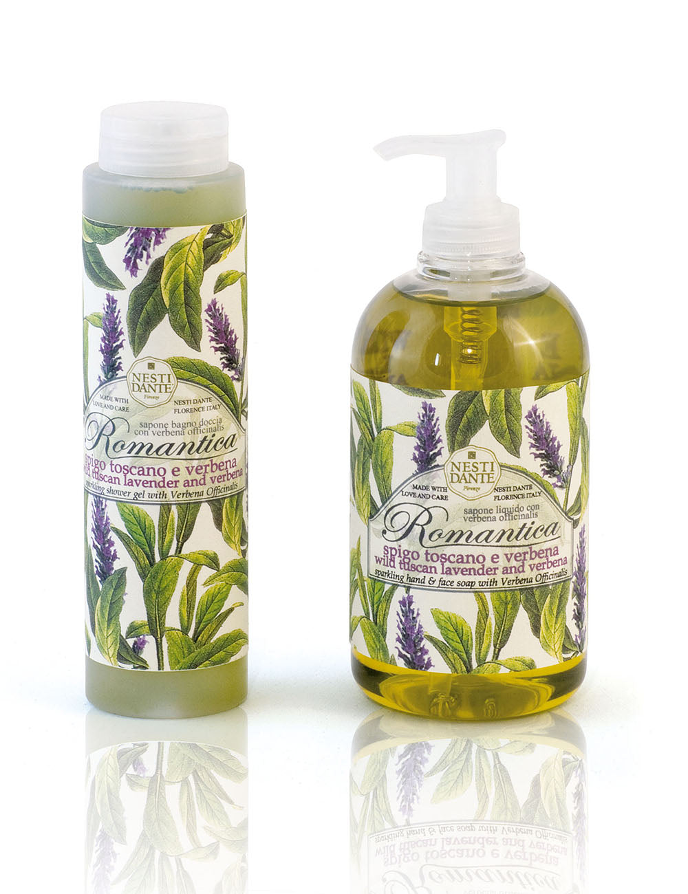 Two Nesti Dante liquid soap bottles with lavender and verbena, pump and twist cap