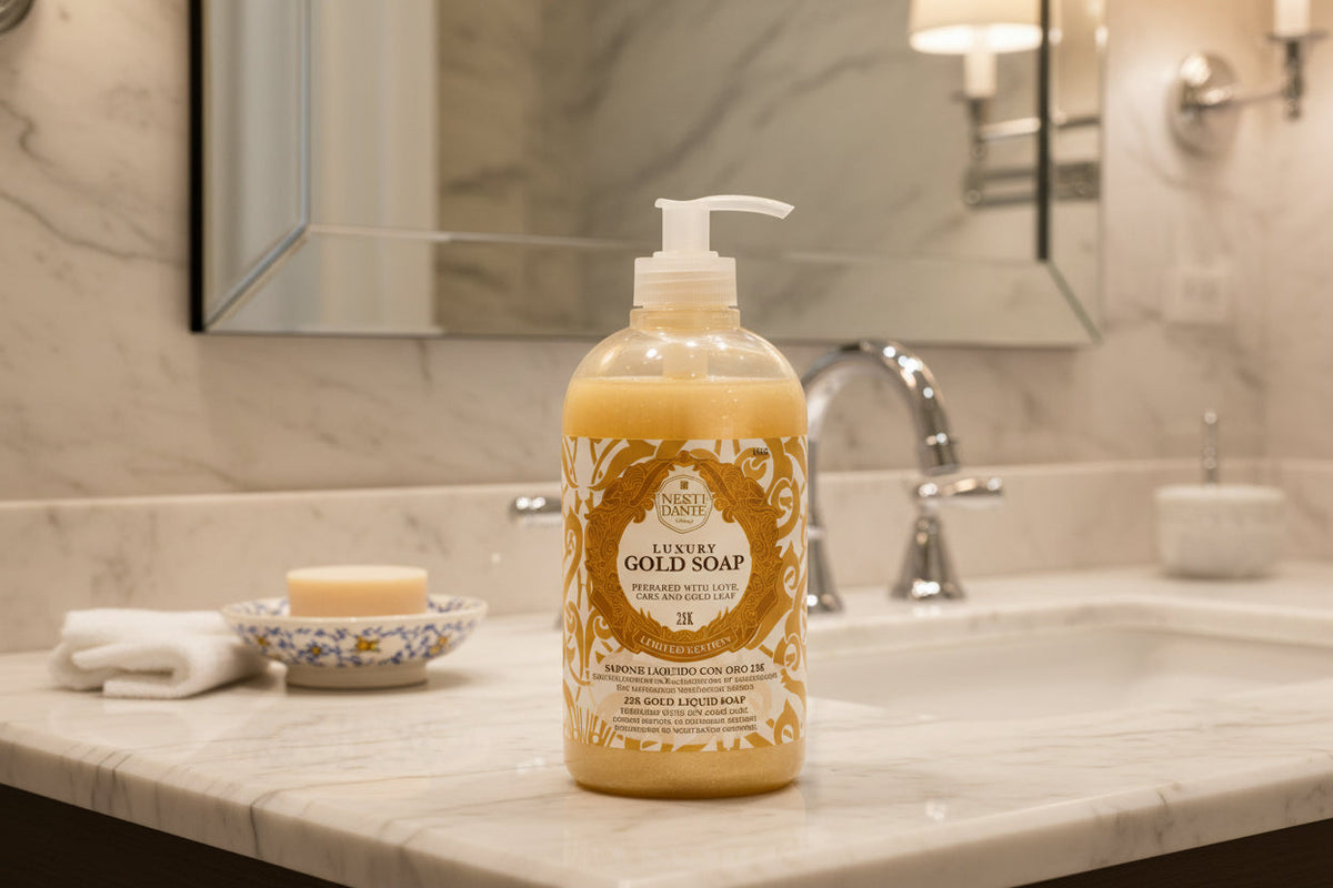 Nesti Dante Luxury Gold liquid soap bottle on bathroom sink counter with pump