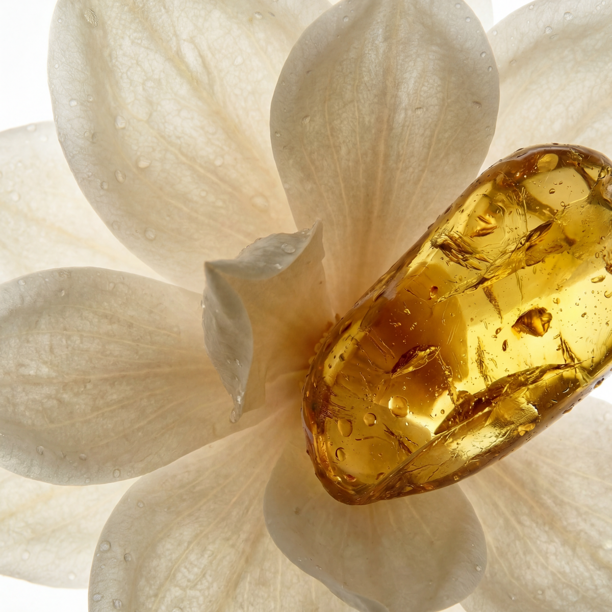 Amber eau de parfum concentrate in glass swirl with cream magnolia petals