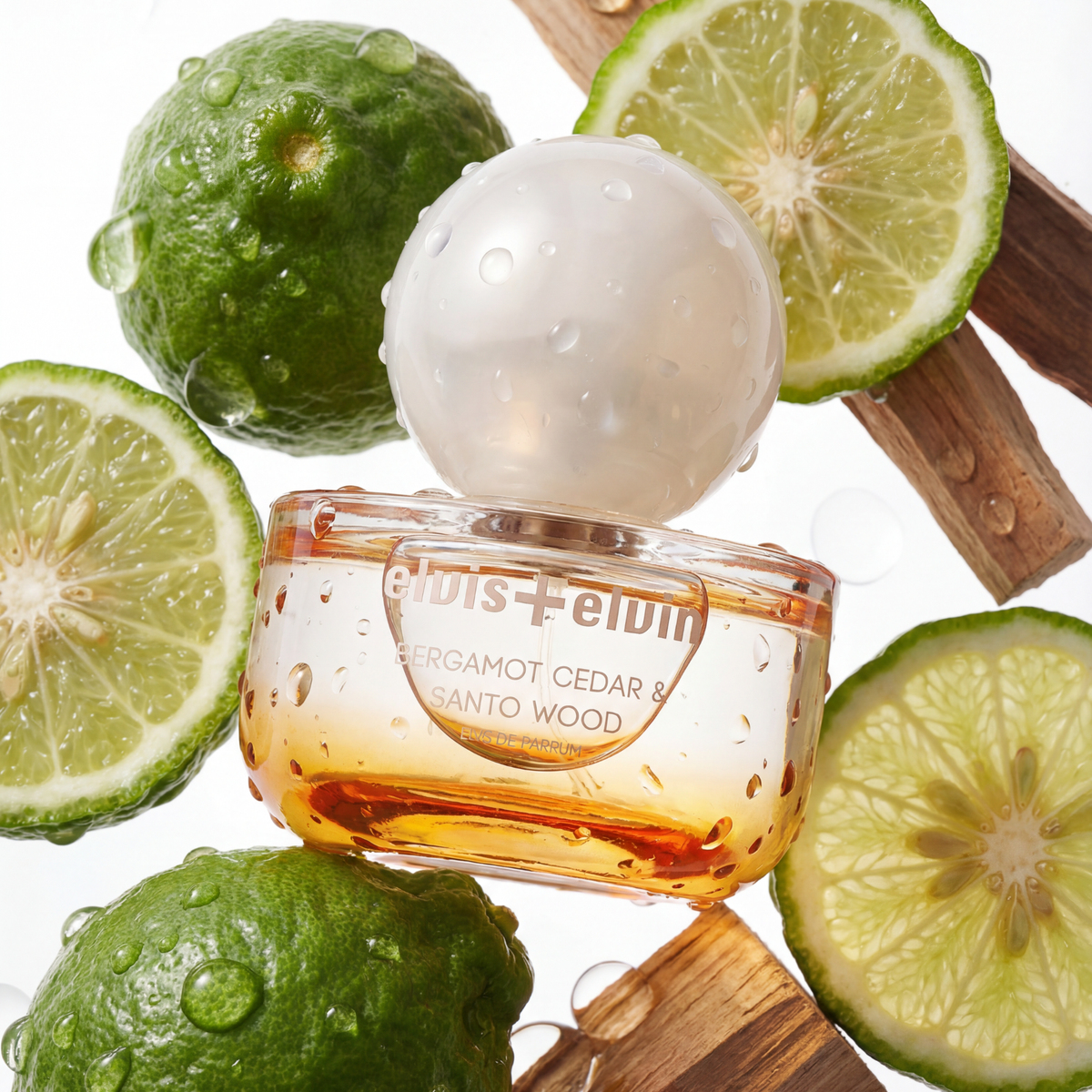 Eau de parfum bottle with amber liquid, clear globe cap, Bergamot Cedar & Santo Wood label