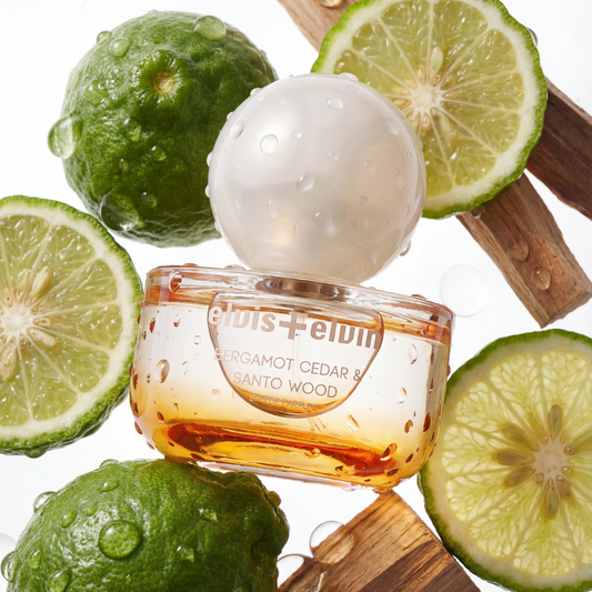 Eau de parfum bottle with amber liquid, clear globe cap, Bergamot Cedar & Santo Wood label