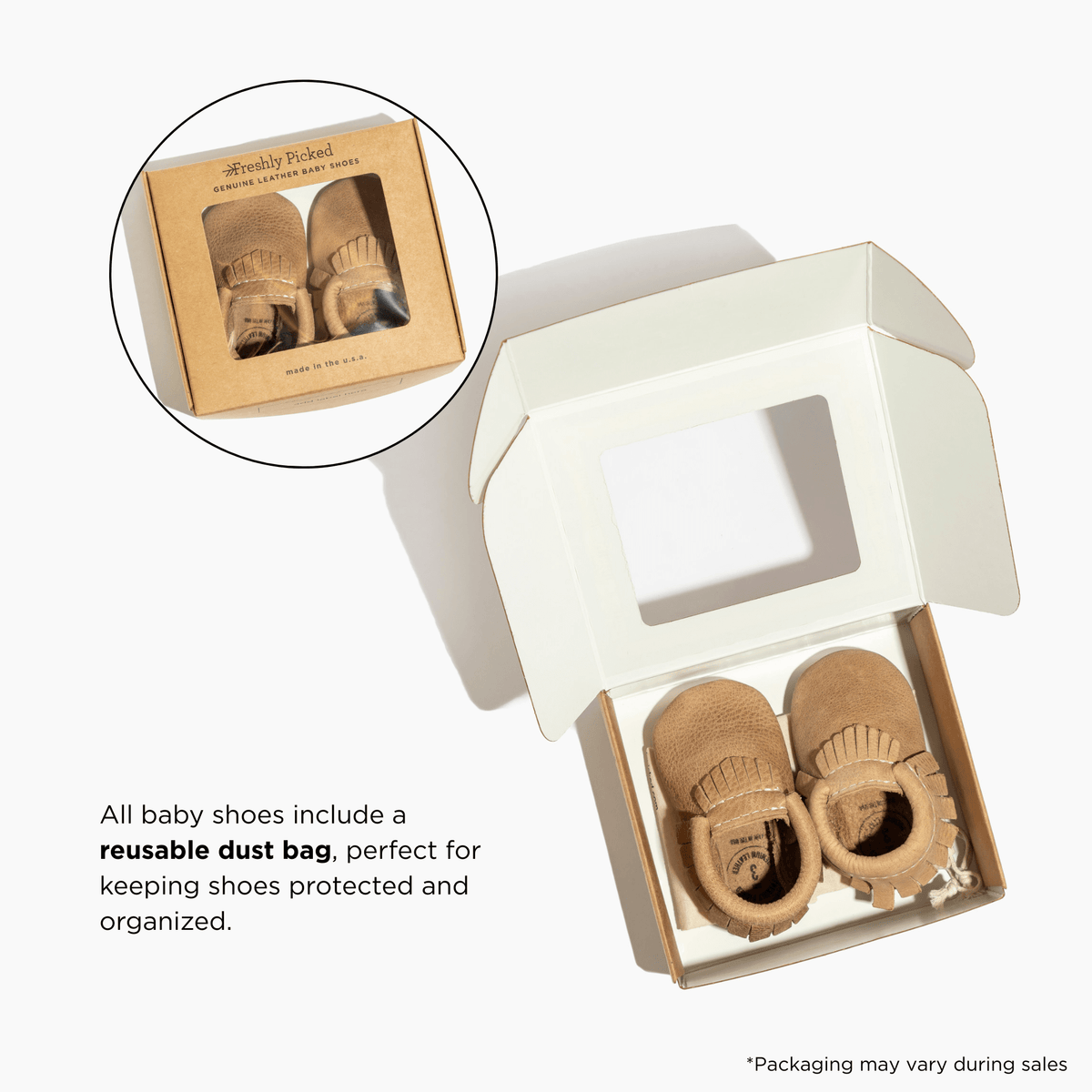 Baby shoe gift box set with rose gold shoes and reusable bag inset