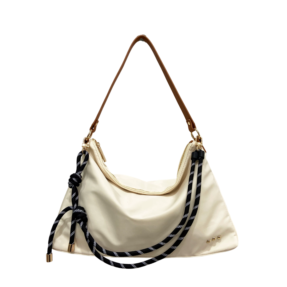 Nikki nylon slouchy shoulder bag in cream with brown handles and black rope strap