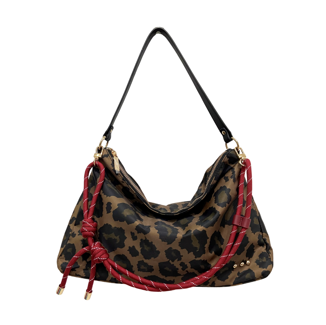 Leopard print nylon slouchy shoulder bag with red rope ties and gold hardware