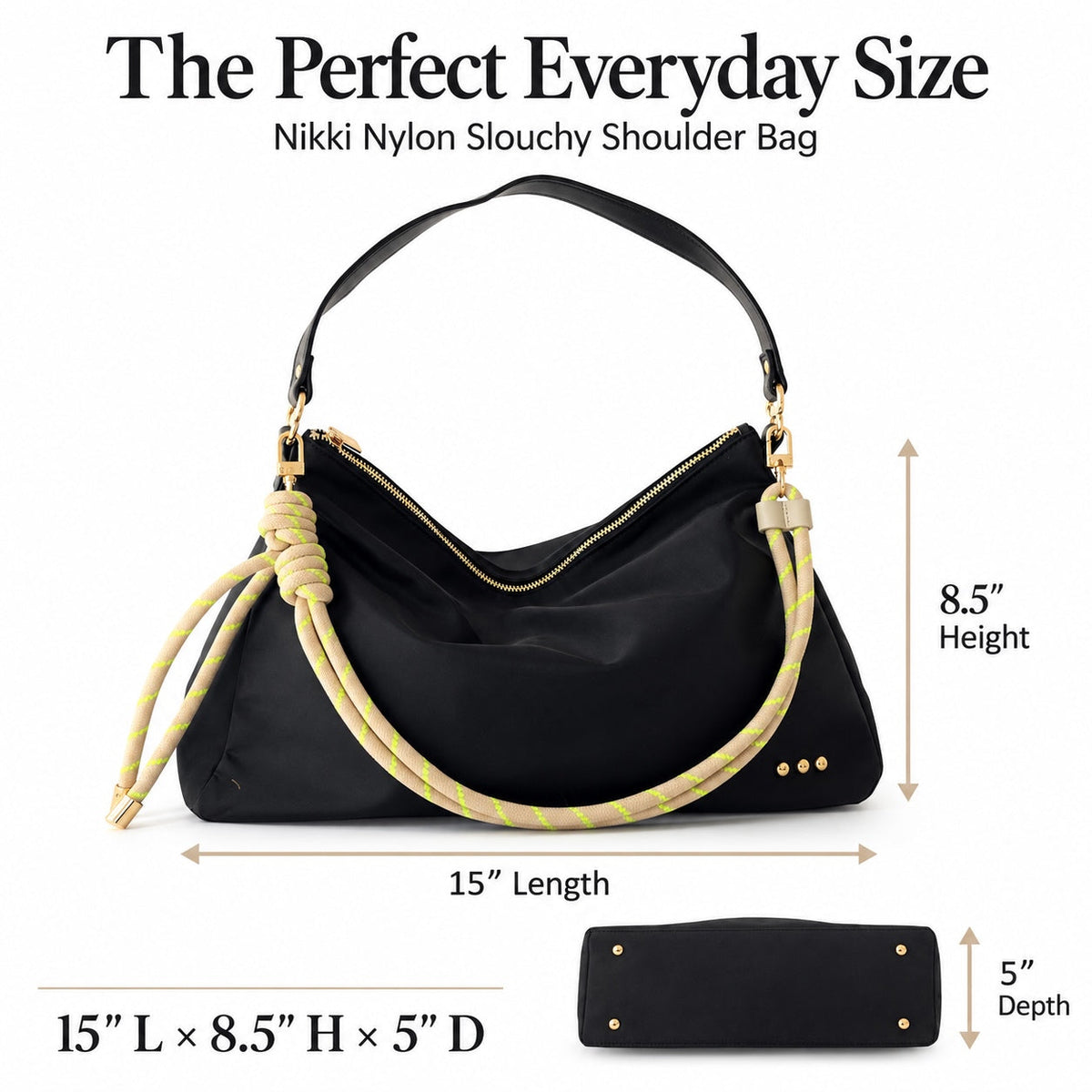 Black nylon slouchy shoulder bag with rope shoulder strap and gold hardware details