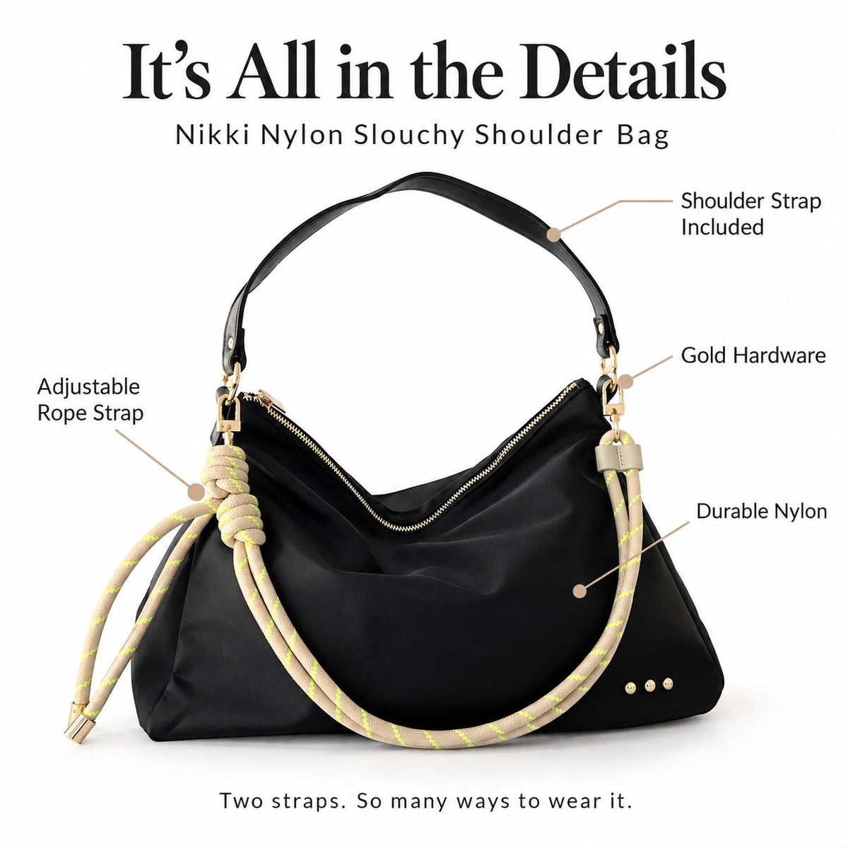 Black nylon slouchy shoulder bag with adjustable rope strap and gold zipper pulls