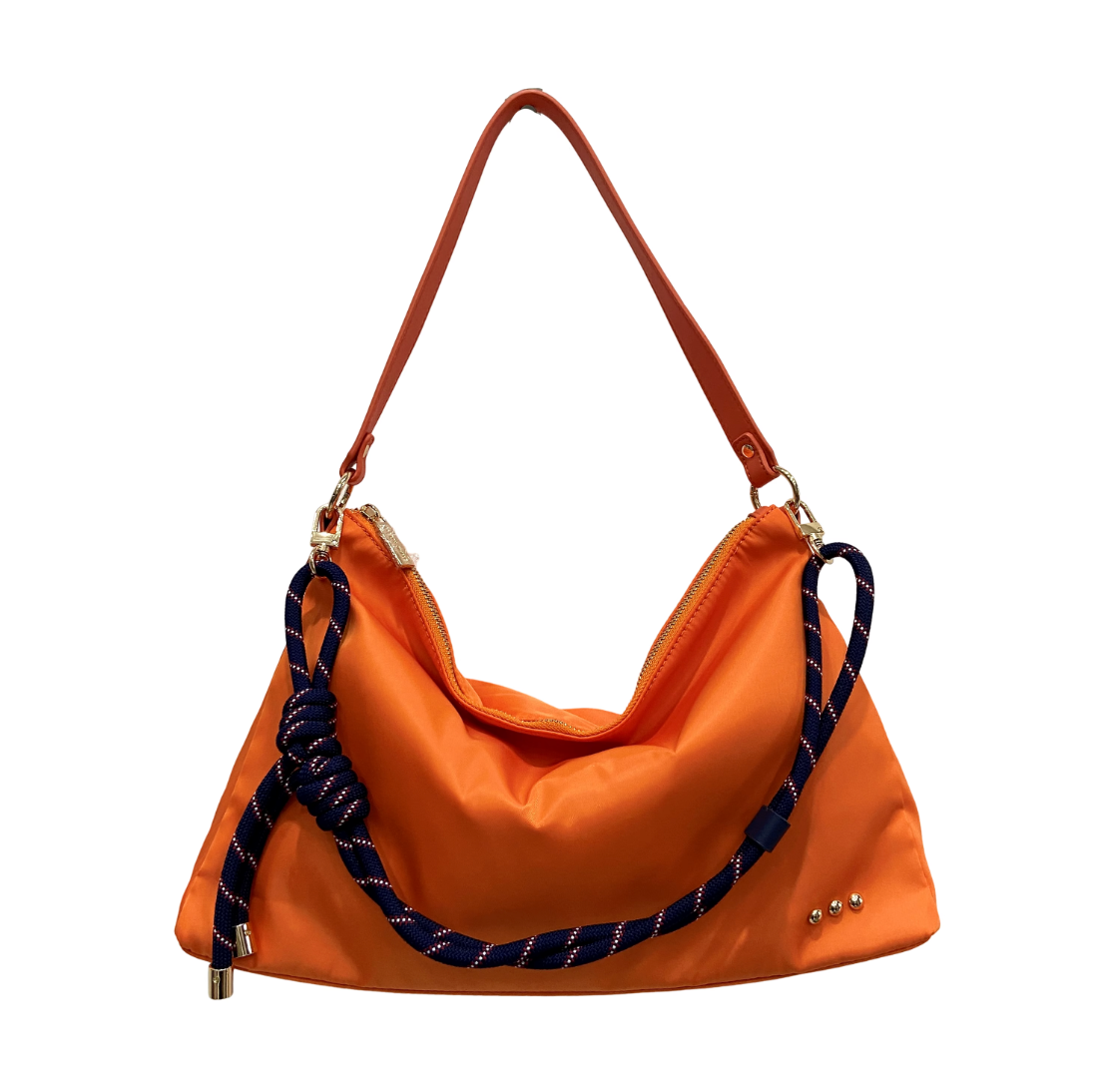 Nikki nylon slouchy shoulder bag in orange with navy braided rope strap and gold studs