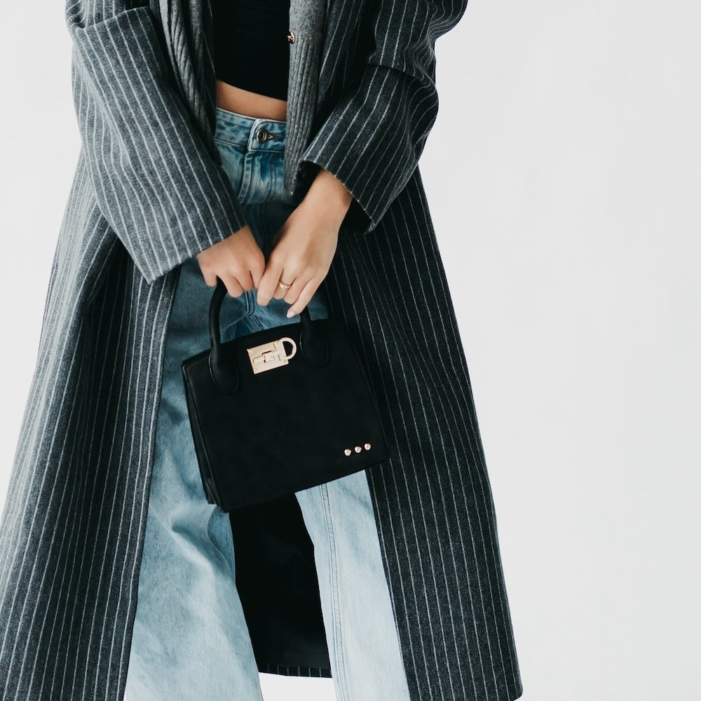 Small nubuck tote bag, black leather with front flap and top handle