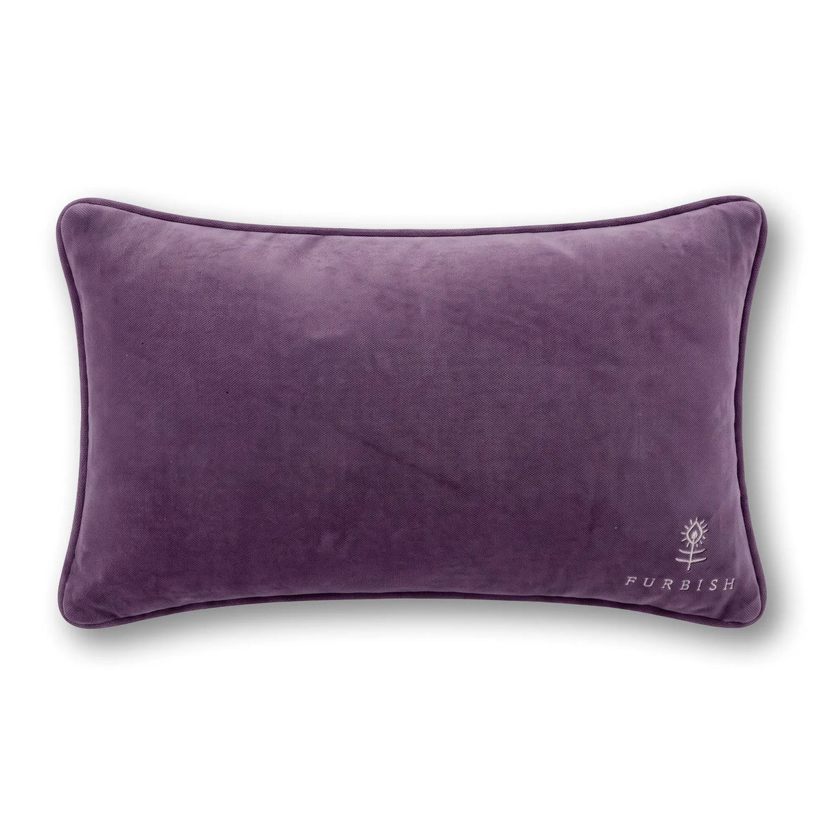 Purple velvet throw pillow with embroidered logo, oblong shape