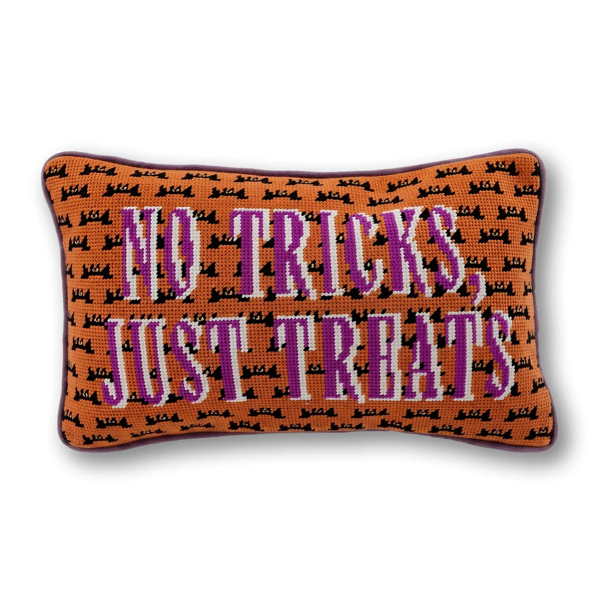 Needlepoint decorative pillow with orange and purple “No Tricks, Just Treats” design