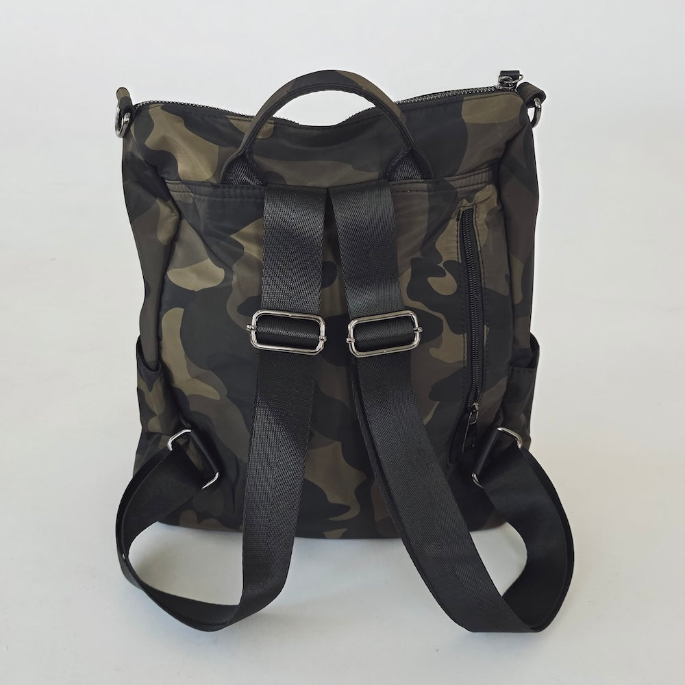 Nylon backpack purse with camouflage print, back view with adjustable shoulder straps