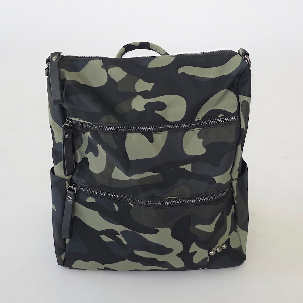 Camouflage nylon purse backpack with front zip pockets and shoulder straps
