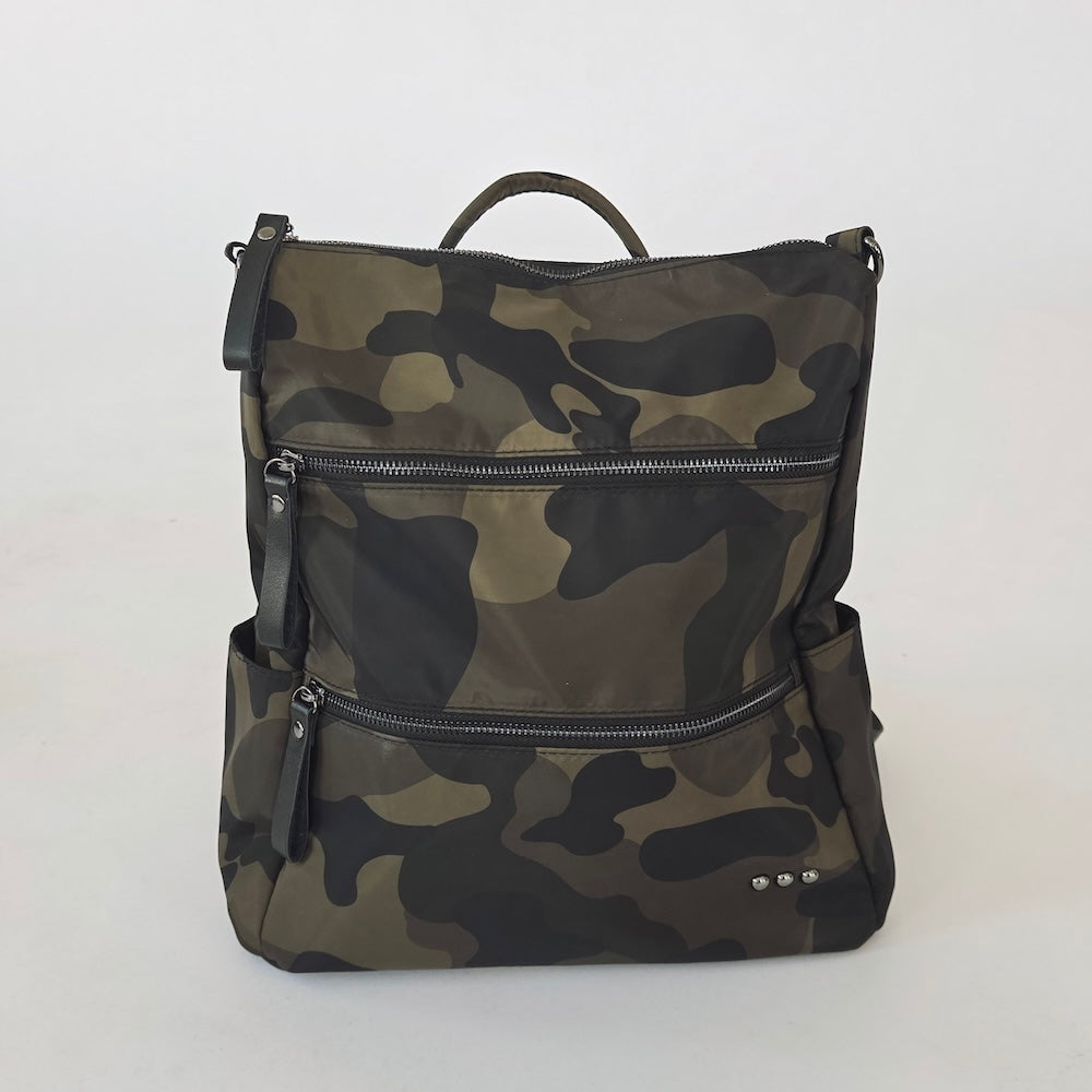 Nylon backpack purse with camouflage print, front view with two zippered compartments