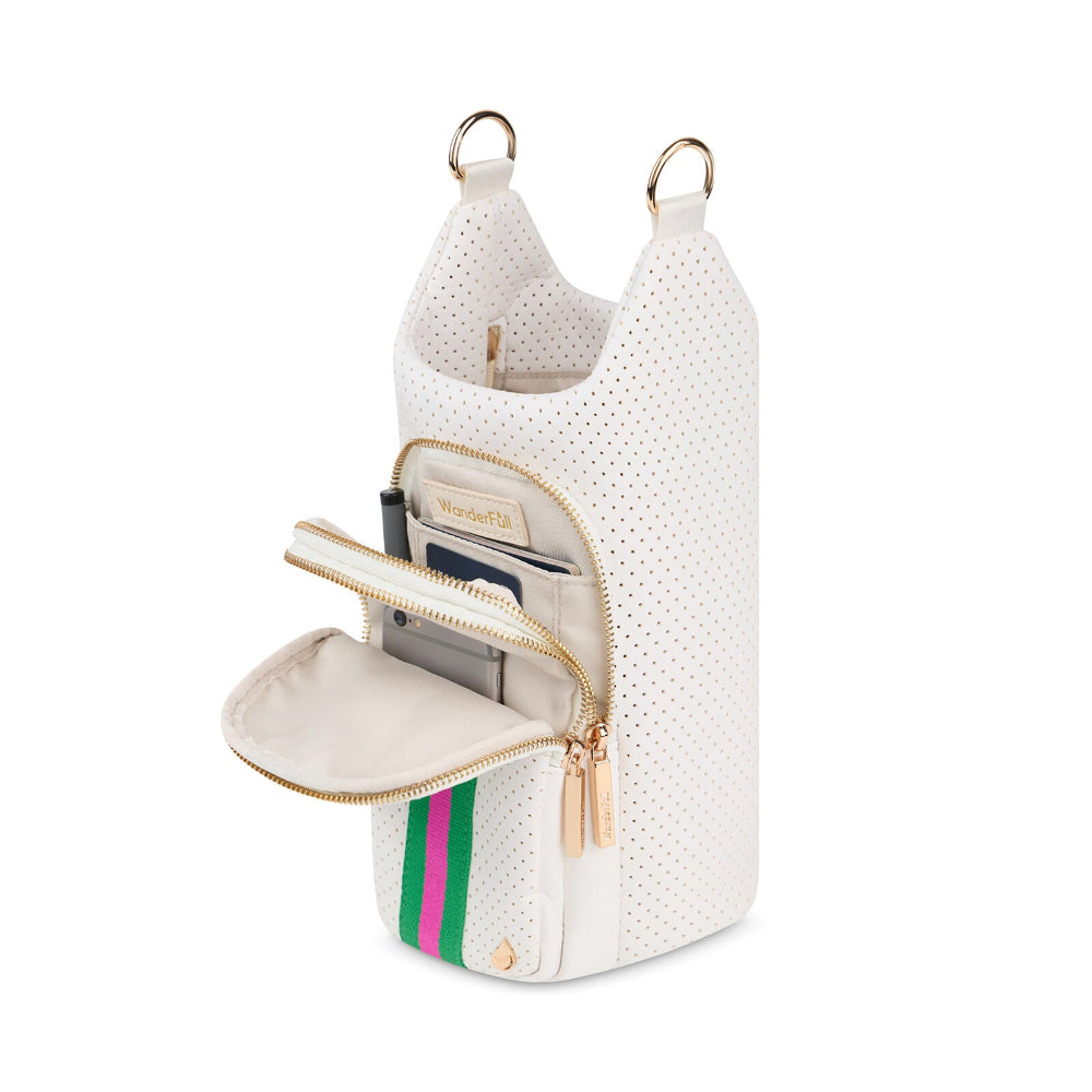 White HydroBag open view with zip pocket, interior divider, and gold-tone zipper pulls