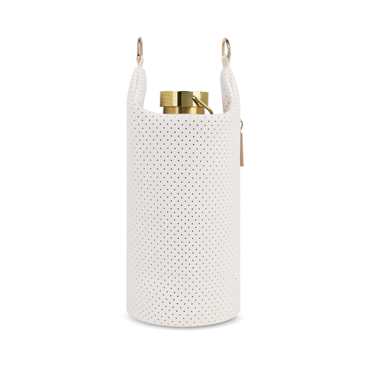 White perforated HydroBag with magenta-and-green vertical stripe, upright and zip-top