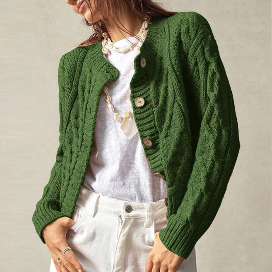 Green twist-knit cropped cardigan for women, round neck, button-front, long sleeves.
