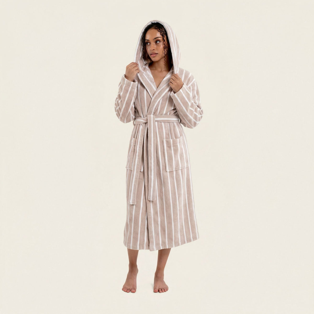 Beige-and-white striped hooded bathrobe with tie belt and mid-calf length