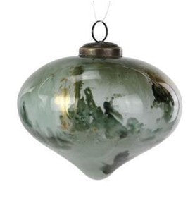 Onion-shaped sage green marbled glass ornament with a dark metal cap and hanging loop