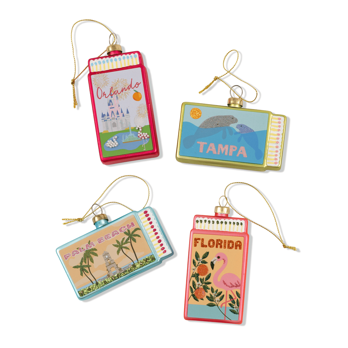 Orlando matchbook ornament among assorted Florida designs, red frame and gold loop