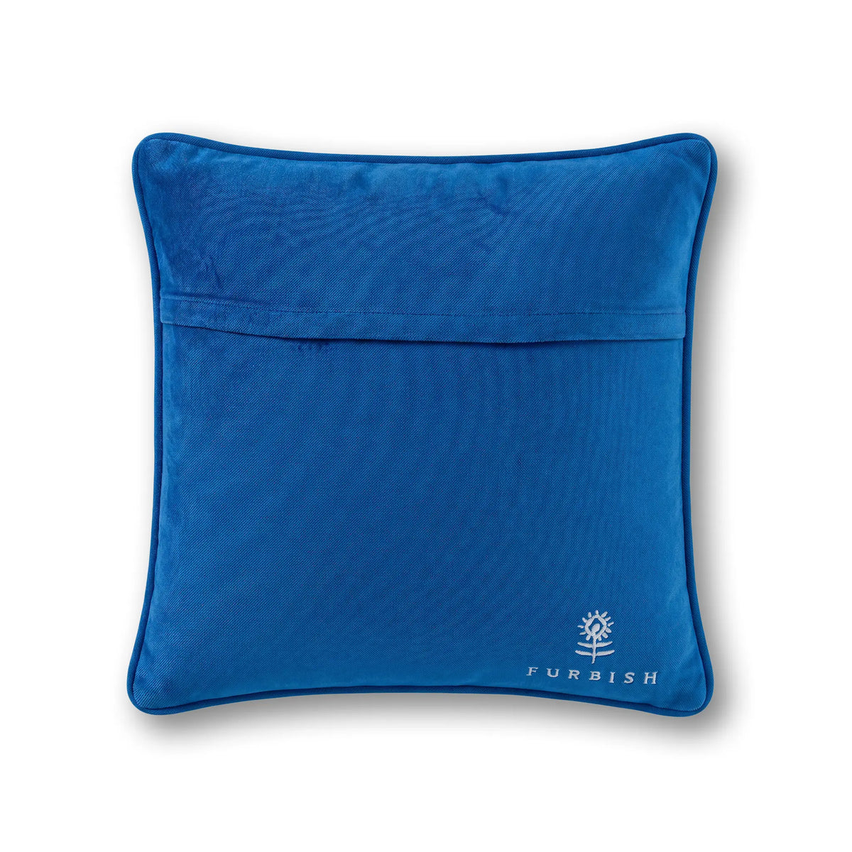 Blue square back pillow with subtle quilting and FURBISH logo at bottom right