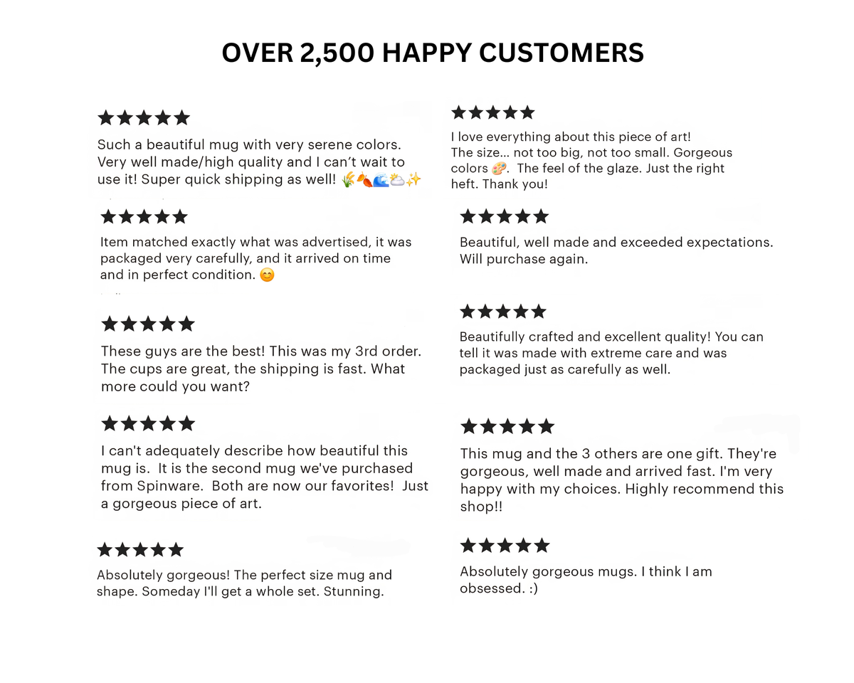 Customer review panel for ceramic mugs with star ratings and testimonial text.