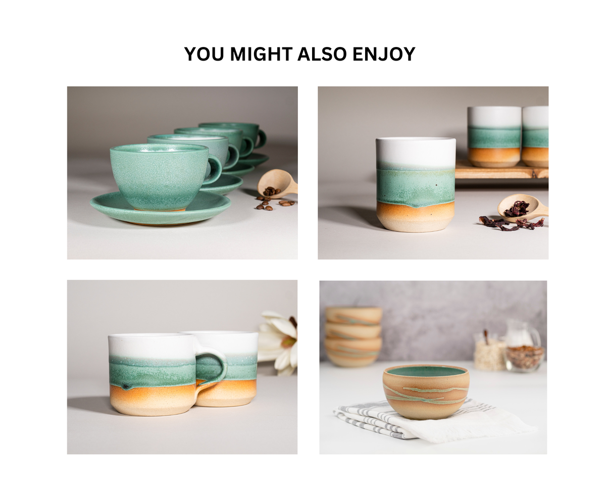 Green and white stoneware soup bowls set with rounded rim and speckled glaze