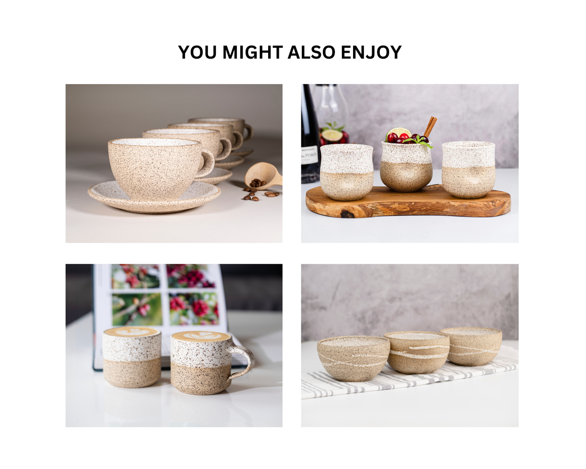 Speckled stoneware cup and saucer set display, multiple pieces on tray