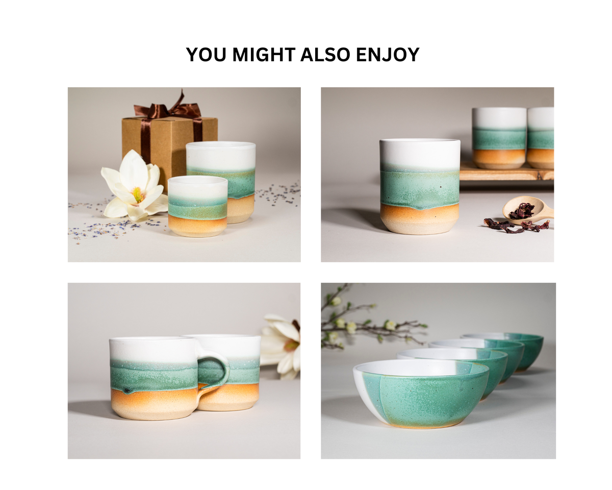 Collage of green speckled stoneware cup and saucer set in different angles.