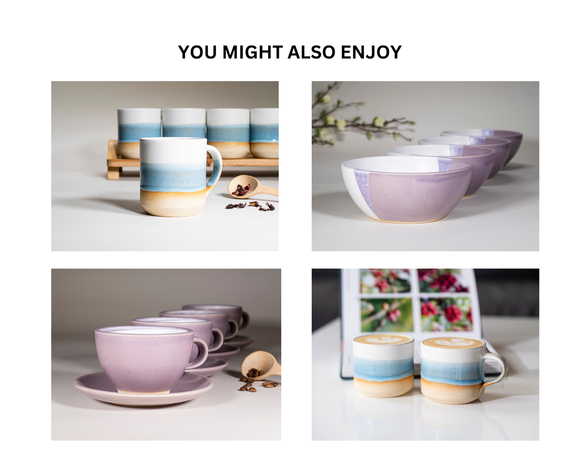 Ice blue and white stoneware smoothie cups shown together in product layout