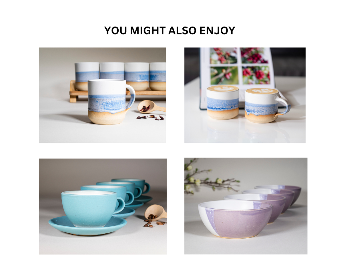 Stoneware smoothie cups with blue band shown in a lifestyle assortment layout